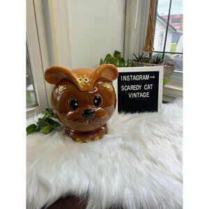 Vintage brown dog flower puppy cookie jar ceramic cute kitschy - CHIPPED/HOLE